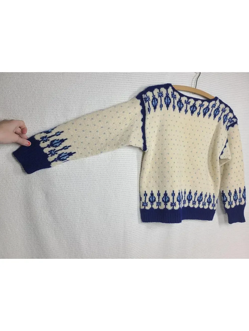 Vintage 60s Norwegian Knit Sweater Women's M Hand Knit Blue Drip Intarsia Norway - Picture 9 of 10